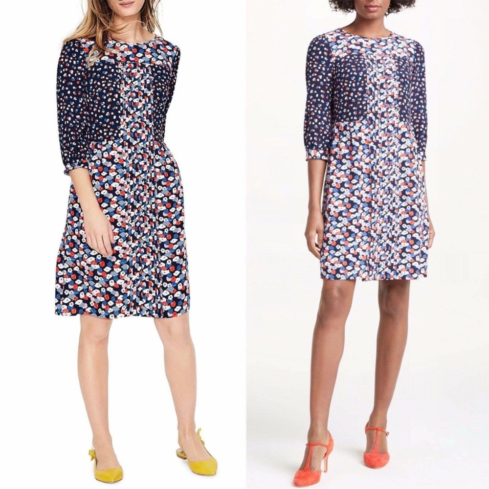 BODEN Hotchpotch Shift Dress Blue Floral Pleated Keyhole 3/4 Sleeve Size 12